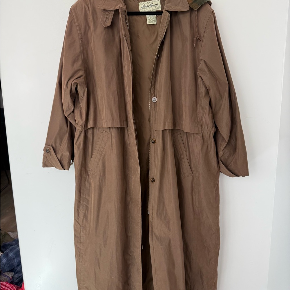 Vintage Eddie Bauer Brown Trench Coat Women’s L Wool Lined Hood Classic Jacket